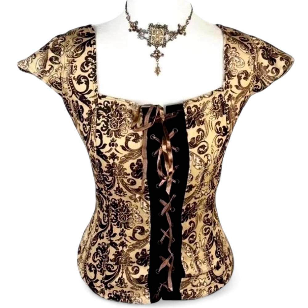 Y2k Brown Burnout Corset top L Renaissance Lace-up Charlotte Russe Boho vtg 90's